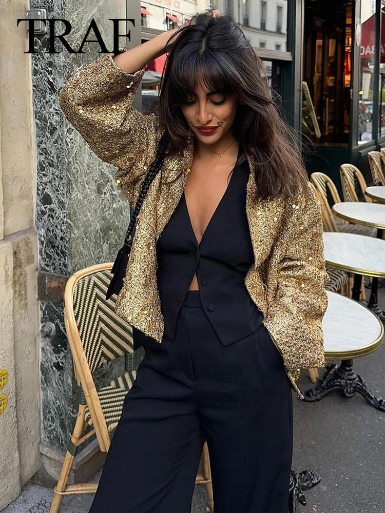 TRAFZA Frauen Glänzende Pailletten Jacke Y2k Gold Farbe Stehkragen Langarm Kurzarm Mantel Herbst Winter Damen Hohe Streetwear