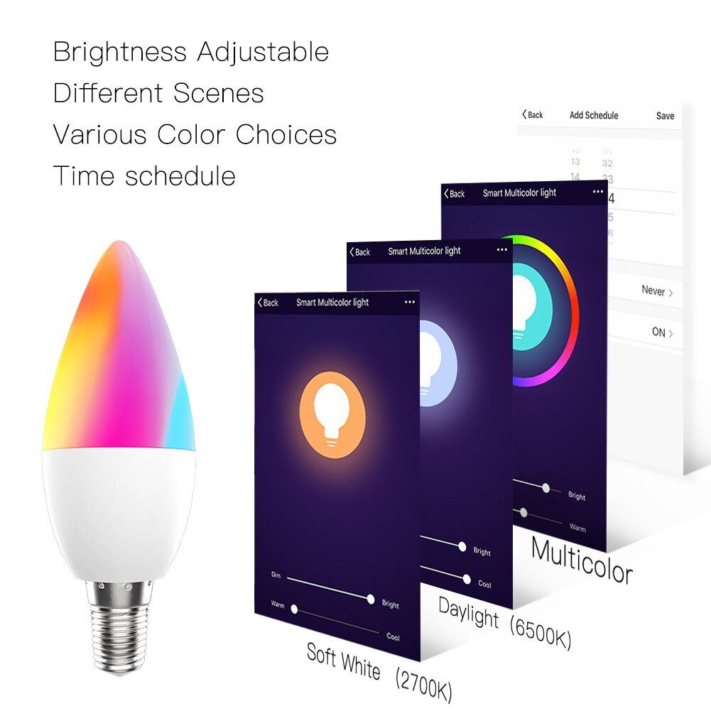 Smart WiFi LED Bulb RGB 2700-6500K C+W 4.5W Dimmable Smart Life Tuya APP Remote Control Light Bulb Work with Alexa/Google Home
