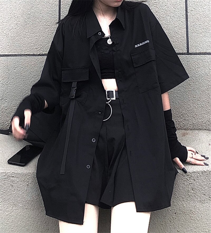 Falda negra plisada con cinturón de cadena Punk Rock Goth Girl, minifalda para animadoras con cinturón, traje para mujer: Shirt / L