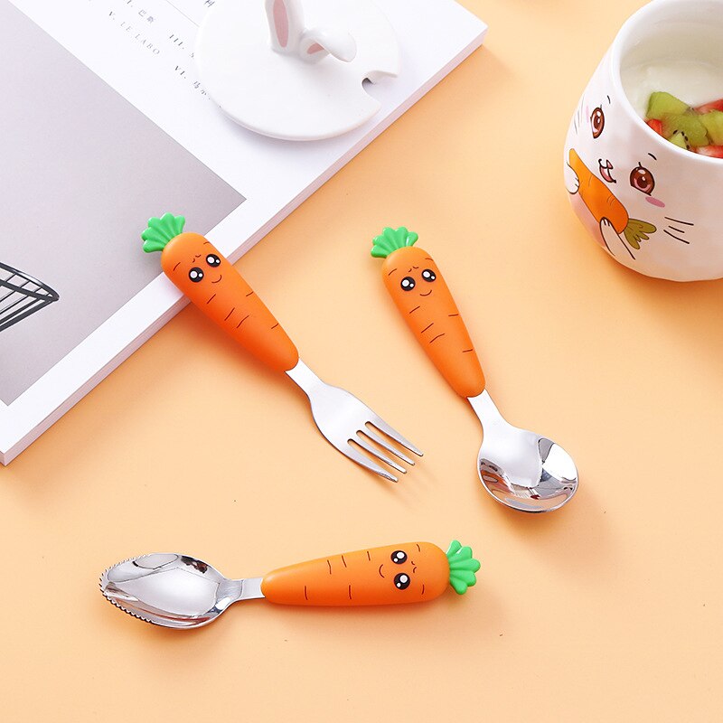 Baby Gadgets Tableware Children Utensil Stainless Steel Toddler Dinnerware Cutlery Cartoon Carrot Baby Gadgets Feedkid