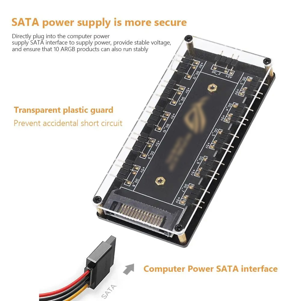 Conector ARGB, concentrador divisor de 1 a 10 puertos, 5V, 3 pines, carcasa ARGB, concentrador de ventilador con Base adhesiva, alimentación SATA para luces de ventiladores LED