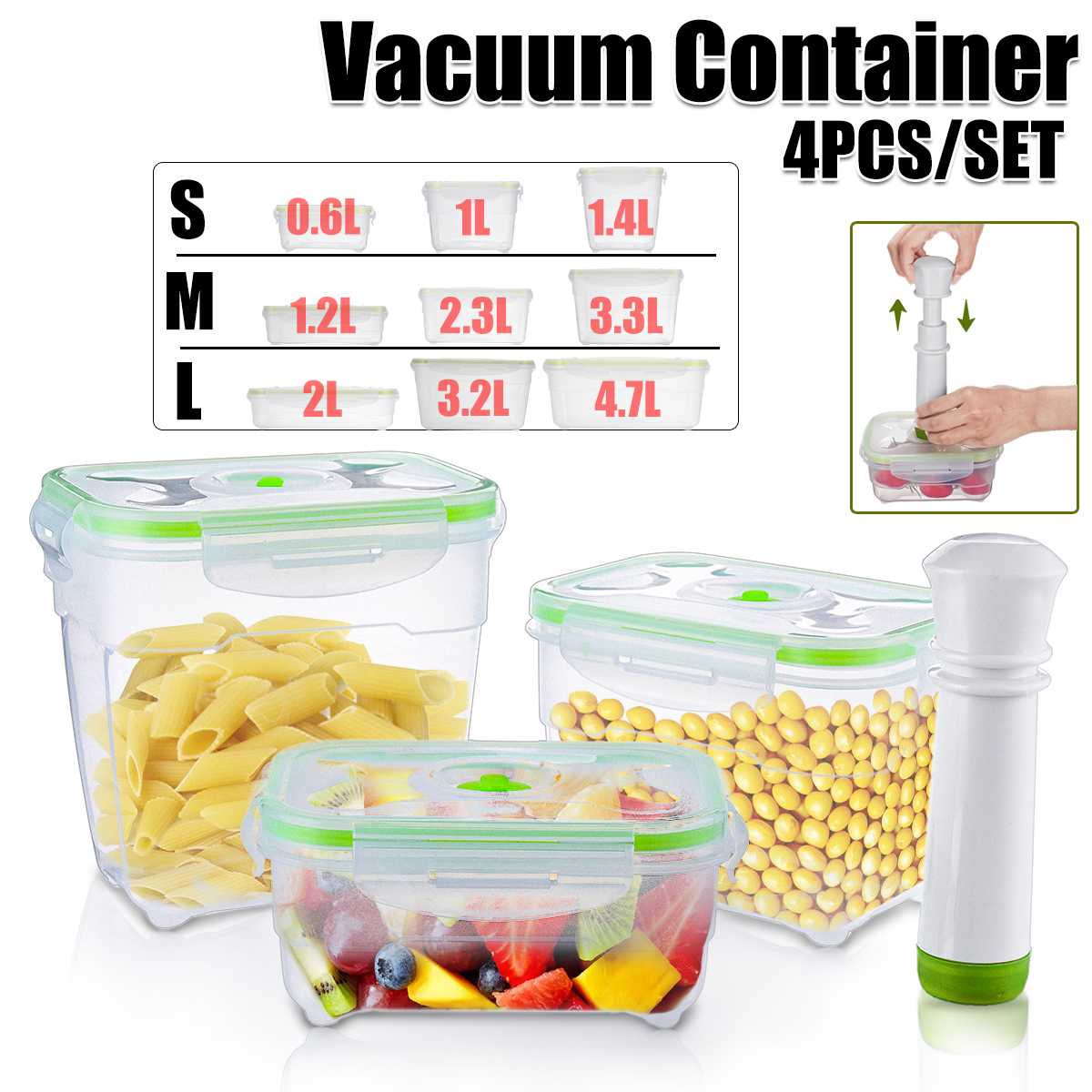 Vacuum Container Pump Refrigerator Fresh-keeping Box 3size 4pcs Large Capacity Food Saver-storage Square Plastic Kitchen PP