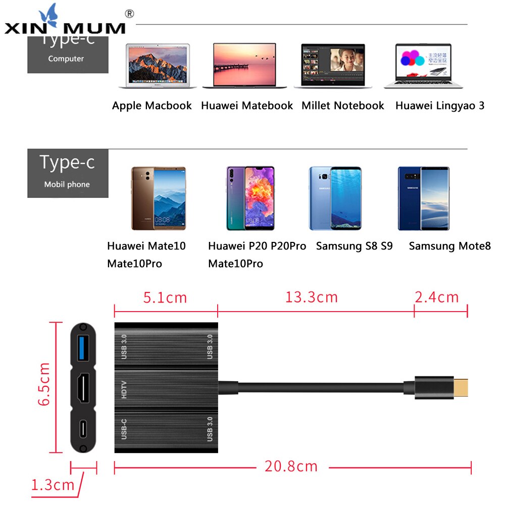 5 in1 Type C USB 3.1 Male To HDMI 3 USB 3.0 Type C Female Charging HDTV Cable Adapter Convertor TV Laptop Docking Stations