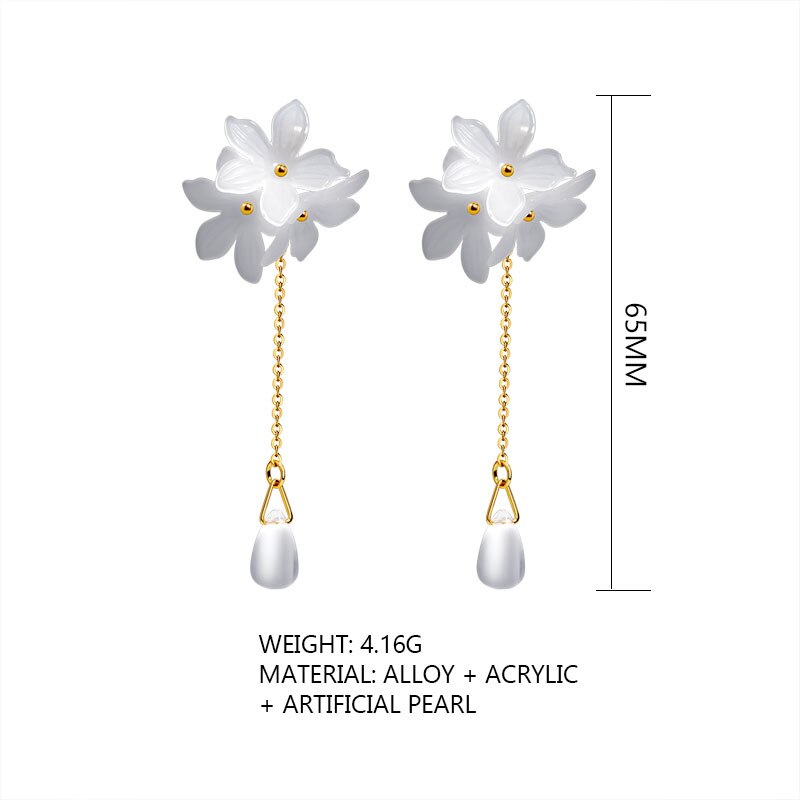 Neue handgemachte blume Baumeln Koreanische Ohrringe Für Frauen Weiß Lange Geometrische Blume Ohrringe Hochzeit Schmuck