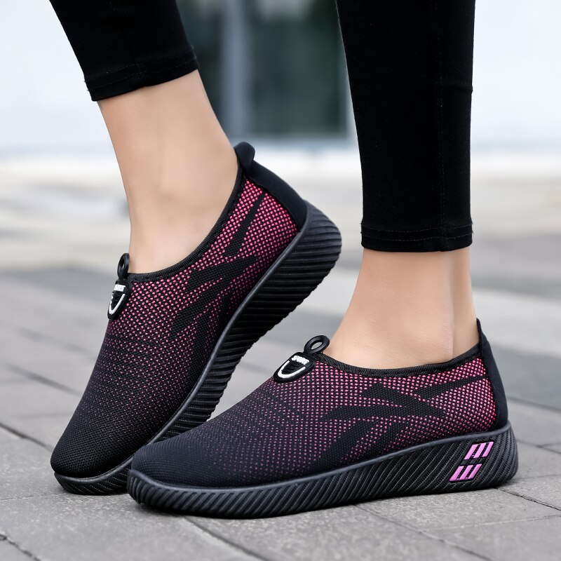 Kobiety płaskie buty dzianiny kobieta tenis Slip On buty wulkanizowane kobiece siatki miękkie oddychające obuwie damskie dla pań Sneaker: Black / 6