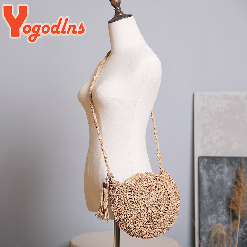 Yogodlns Ronde Zacht Papier Touw Schoudertas Kwastje Zomer Strand Handgemaakte Crossbody Tassen Vrouwen Holle Strozak Cirkel Rotan Tas