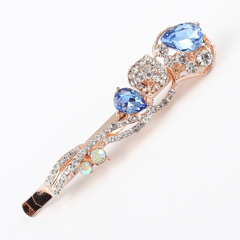 1 PC hair clip women flower rhinestones blue pink purple girls brand hairclip K9 crystal stones golden alloy head jewelry: Blue