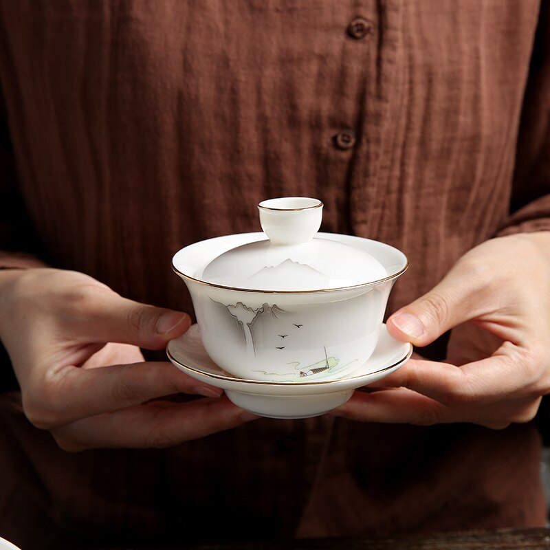 Bol couvert en Jade gras de mouton, porcelaine blanche de couleur surémaillée, Kung Fu, service à thé, service à thé en céramique,