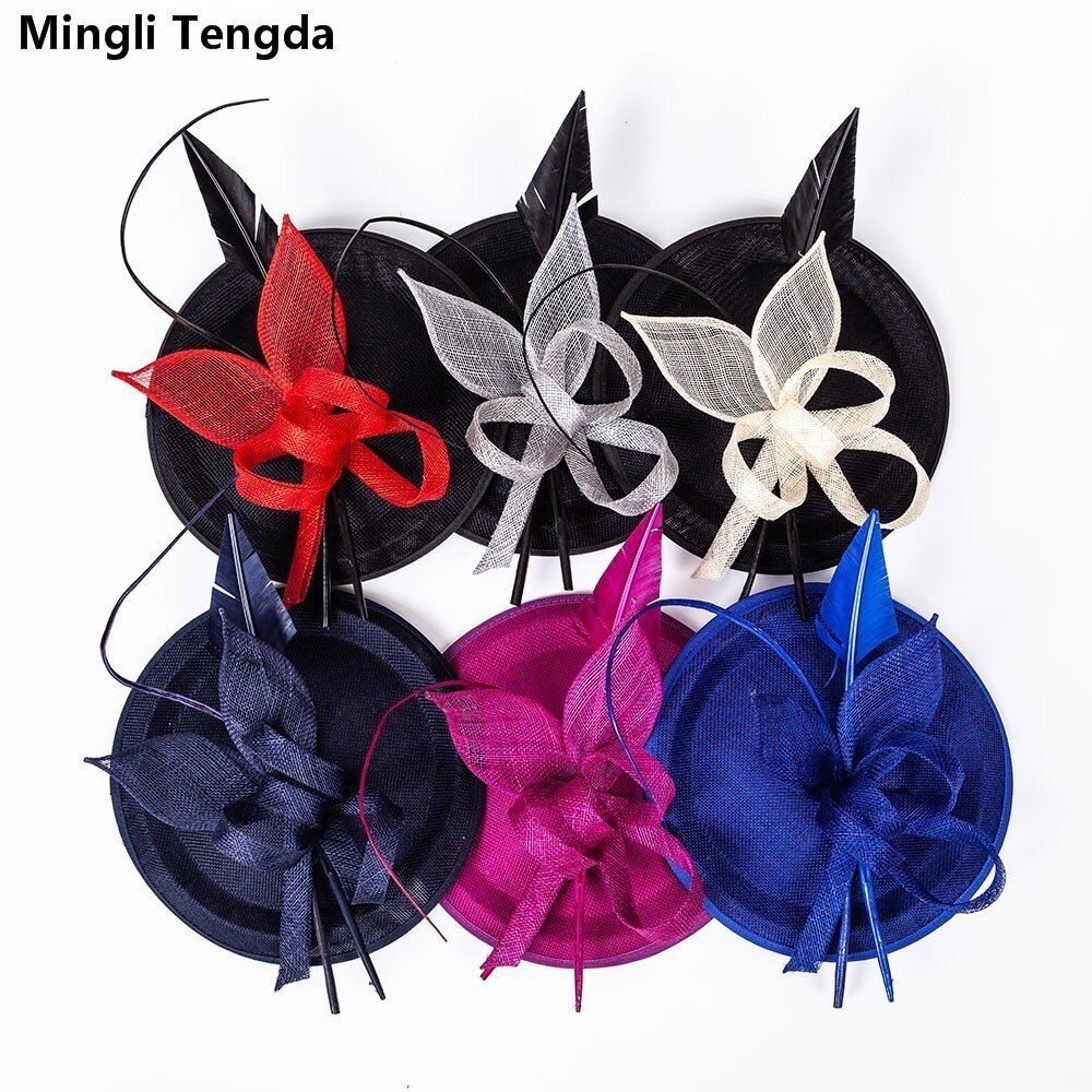 Mingli Tengda 6 colores Filipinas Cambric sombrero de Bodas de lino de la pluma nupcial tocado mujeres sombreros Azul Real