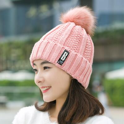 Bingyuanhaoxuan b bokstaver strikket lue kvinner merke vinter kvinner ball ski kanin pels lue pomponger luer strikket skjerf: Rosa hatt