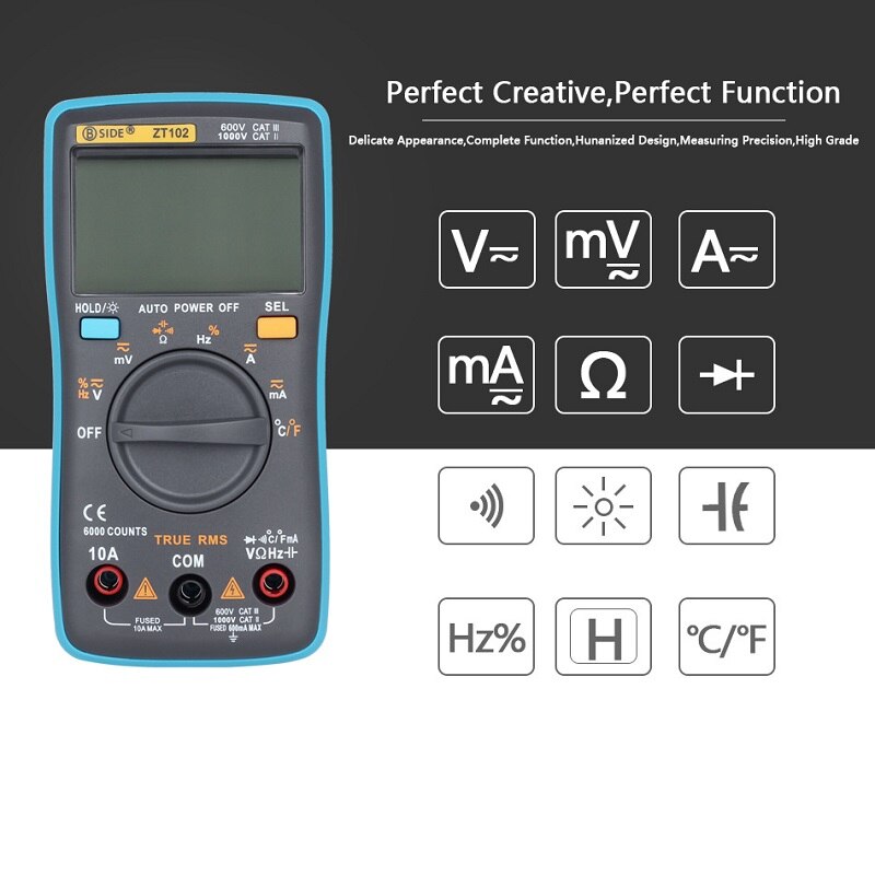 ZT100 ZT102 Ture RMS Digital Multimeter AC/DC Voltage Current Temperature Ohm Frequency Diode Resistance Capacitance Tester