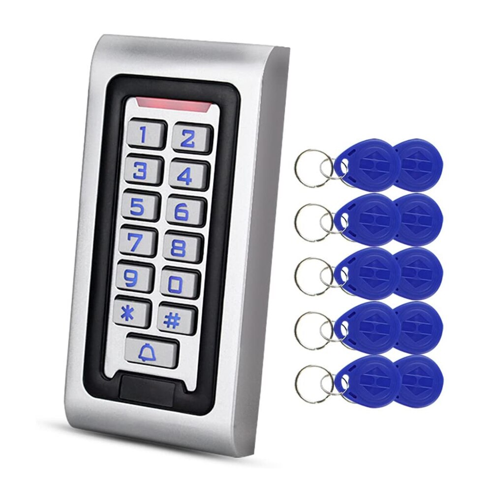 IP68 Waterproof RFID Access Control Keypad Metal Card Reader + 10pcs 125KHz Proximity Keychains WG26 2000 Users for Home/Office: Blue keyfobs