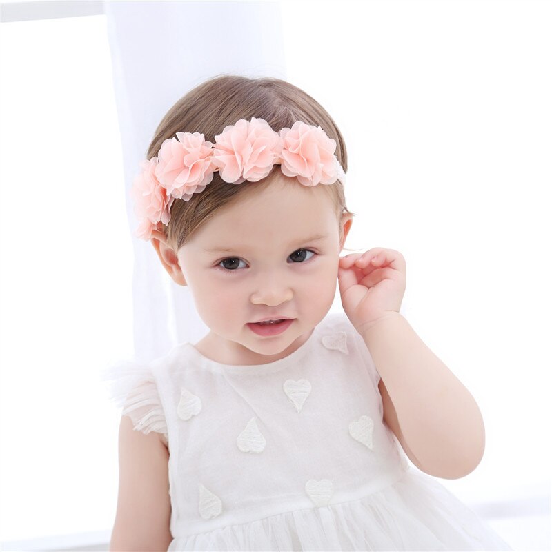 Baby Flower Crown Headband Chiffon Flower Wreath Pink Ribbon Hair Bands Children Girls Handmade DIY Headwear Hair Accessories