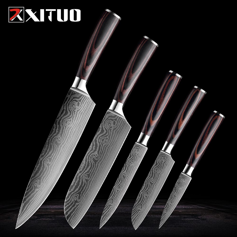Xituo rustfrit stål køkkenknive sæt japansk kokkniv damaskus stål mønster nytte paring santoku skive kniv sundhed: 5 stk