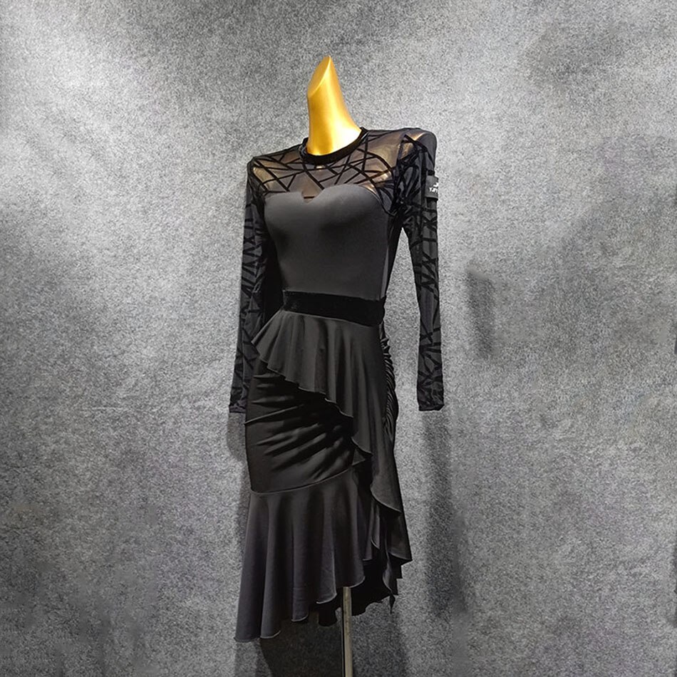 Vestido de baile latino para mujer, de encaje de manga larga, actuación de baile, salón, Samba, Tango, T046,