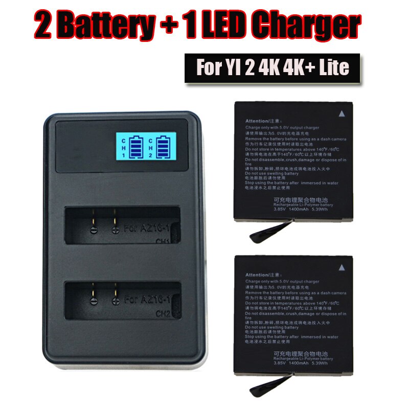 xiaoyi 2 4k,yi lite Charger For Lithium Battery + LCD Smart Battery For Original Xiaomi Yi 4k 4k+ YI Lite 360 Action Camera: 1 Charger 2 Battery