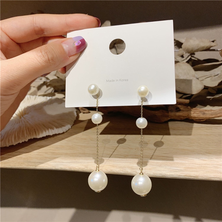 Korean Silver Color Long Chain Tassel Double Pearl Earrings for Women Two Wear Style Pearls Ball Stud Earrings Wedding Jewelry