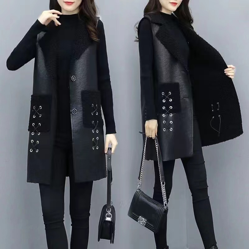 Gilet in pelle PU female2024autunno inverno nuovo gilet lungo giacca senza maniche spessa di alta qualità donna Top Overwear di grandi dimensioni