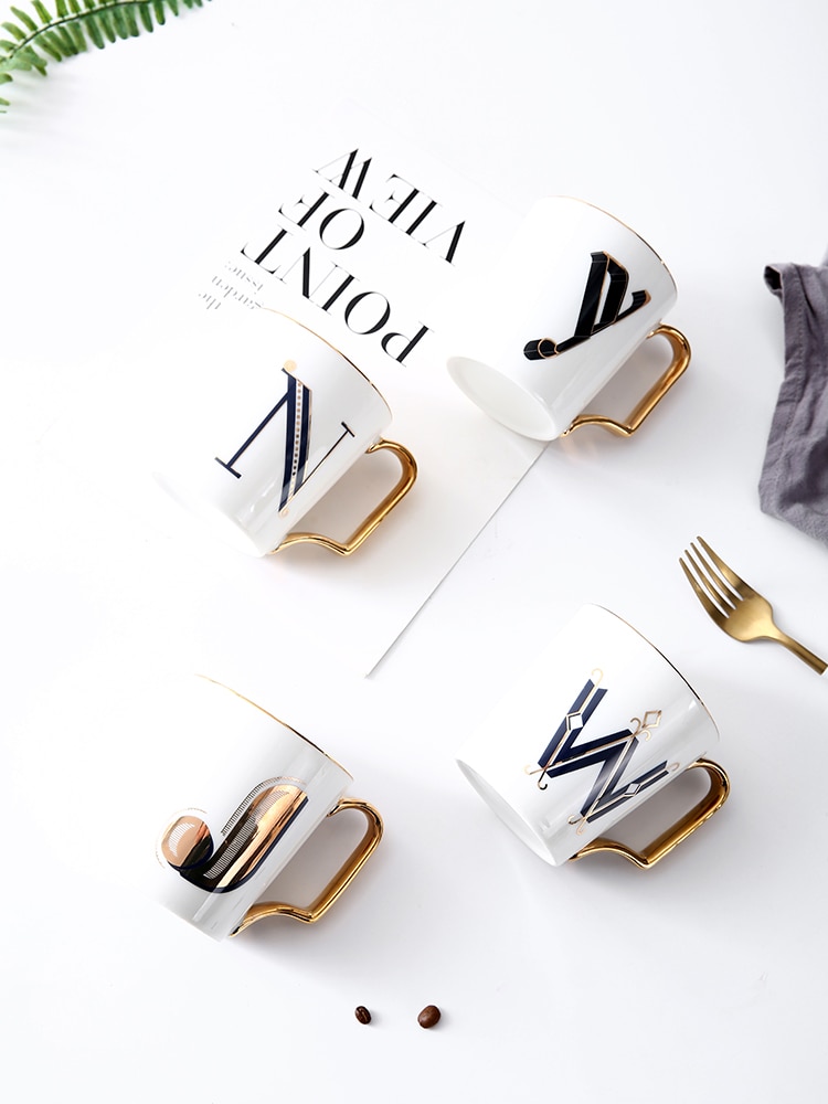 EWAYS – tasse à café en porcelaine avec poignée dorée, pour Couple, avec lettres créatives, d'anniversaire et de mariage