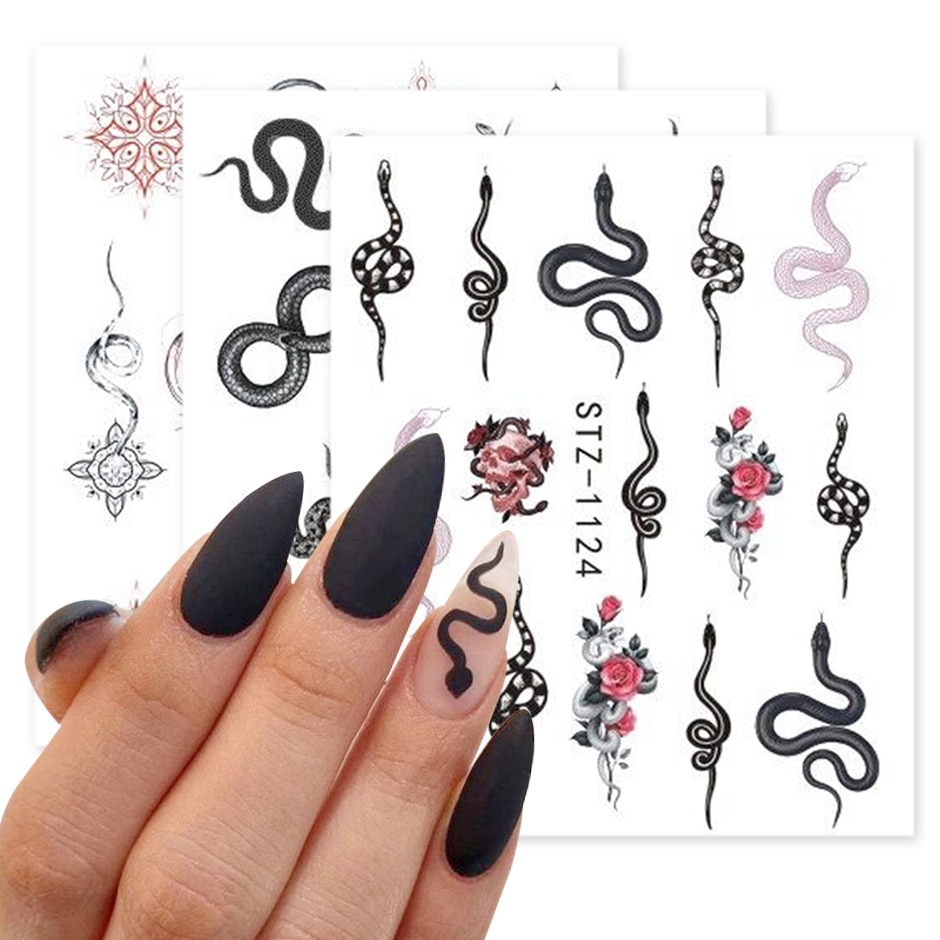 Snake Nail Stickers Dier Black Snake Tijdelijke Tattoo Manicure Dragon Nail Water Decal Slider Decoratie GLSTZ1124-1131