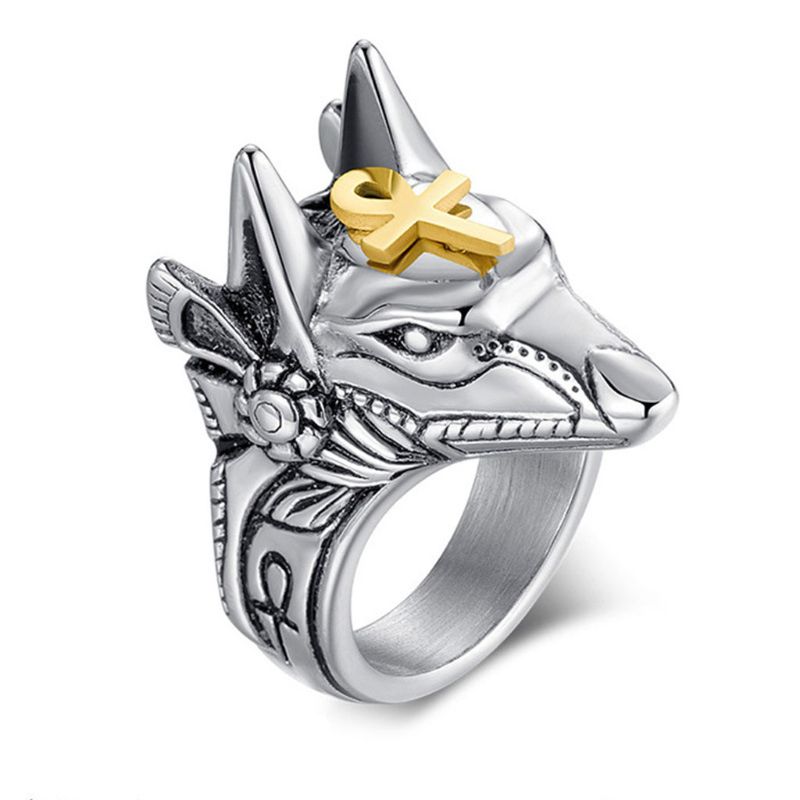 Mænd rustfrit stål egyptisk gud anubis guld ankh krydsring anubis beast bands ring