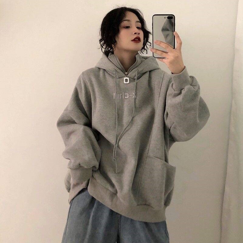 Sudaderas con capucha para mujer, ropa de calle de Ulzzang informal sencilla de estilo coreano a la de Otoño Invierno, ropa de mujer Lisa sueltos y suaves: grey / XL