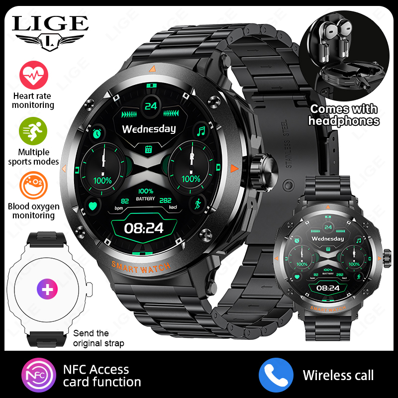 LIGE Nuovo TWS Smart Watch Auricolari incorporati Funzione scheda di accesso Frequenza cardiaca Monitoraggio della salute del sonno Cuffie Riproduzione di musica Smartwatch: verde