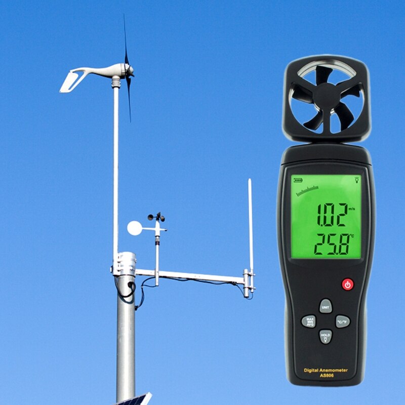 AS806 Portable Digital Anemometer Wind Speed Meter with Thermometer LCD Backligh