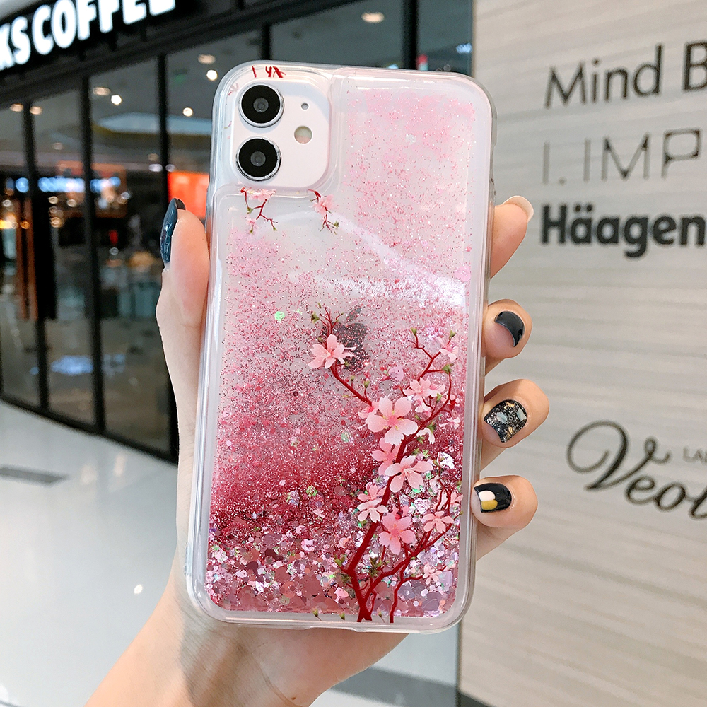 Pink flydende kviksand cover til samsung galaxy  s24 s23 s22 s21 plus  s20 fe s25 ultra  a54 a55 glitter blomster bling klart tpu cover: Vinyl / Sort