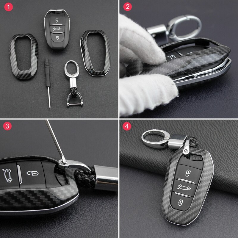 Carbon Fiber Car Key Cover Case Chain Smart Cover Buckle Car Accessories for Peugeot 4008 5008 Citroen C5 Picasso DS