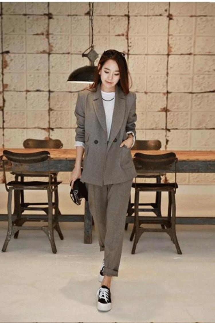 woman 2 piece black Pant Suits Formal Ladies Office OL Uniform Designs Women Business Work Wear Jacket with Trousers Set: Dark grey / L