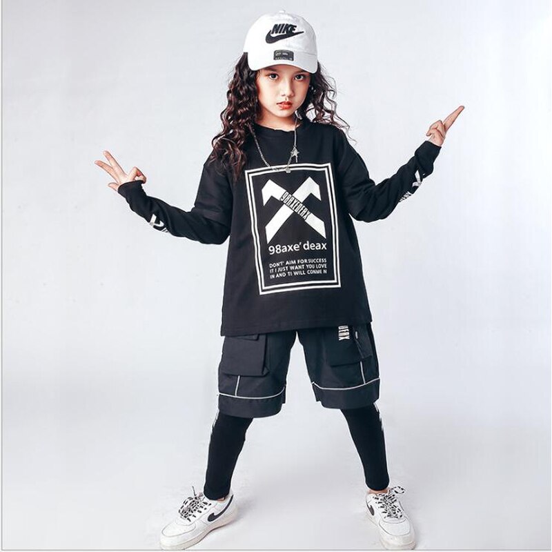 Ropa de baile de Hip Hop para niños, sudadera holgada, Tops, ropa de calle, pantalones cortos, ropa de baile, disfraz, 3 piezas