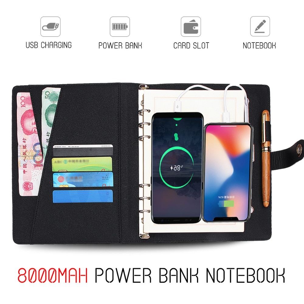 Multi Functionele Power Bank Notebook Notebook Met 8000 Mah Power Bank Usb Opladen Lader Note Book Binder Spiraal Dagboek Boek