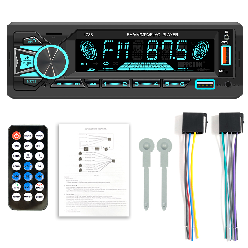 Hippcron Radio de coche 1din Srereo reproductor de MP3 Bluetooth receptor FM con Control remoto AUX/USB/TF soporte carga de teléfono: Negro