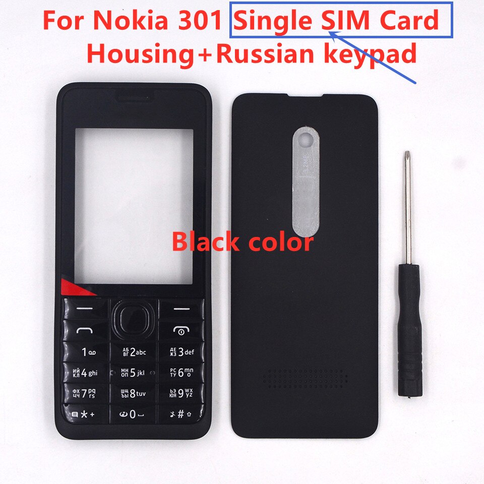 HKFASTEL 301 Housing For Nokia 301 Single Dual SIM Card Mobile Phone Cover Case + English Russian Arabic Keypad + Tool: Black Single Russian