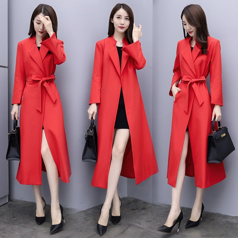 Trench Coat Women's Mid-length Style Korean-style Red Overcoat Waist Hugging Slimming Spring And Autumn over-th