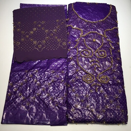 bazin riche getzner african fabric with rhinestones & beads latest top 3 in 1 basin tissu africain brocade fabric for dress: Purple