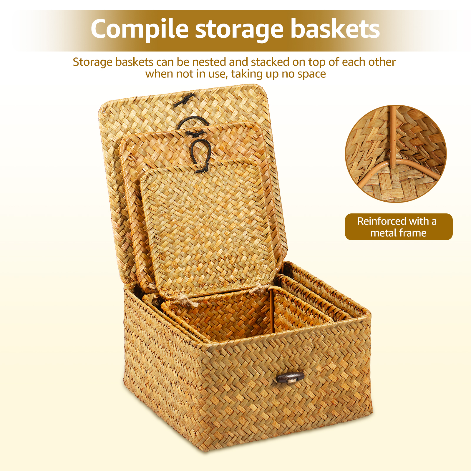 3 stk. vevd oppbevaringskurv med lokk, 3 størrelser stabelbare, håndlagde kurvbeholdere, multifunksjonell oppbevaringsboks for leker, kosmetikkskap