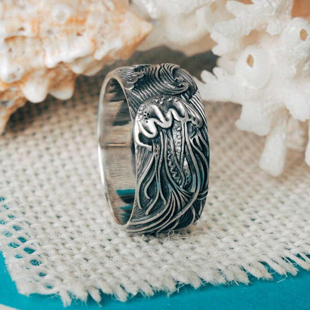 Luxury 925 Sterling Silver Jewelry Exquisite Jellyfish Carved Ring For Women Ladies Vintage Rings Cool Birthday Party