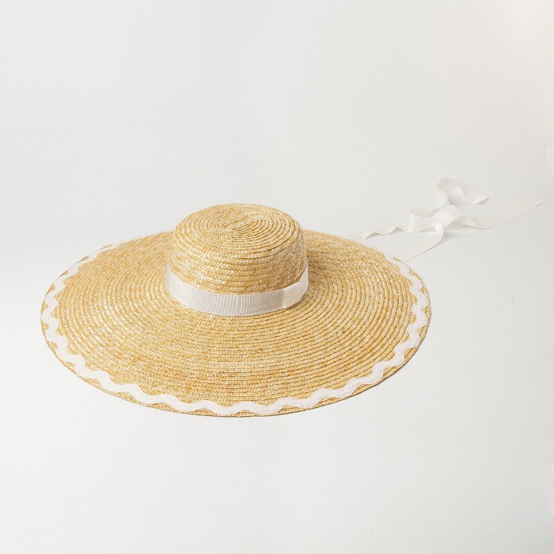 hats women Wave patch cloth brim flat top big straw hat outdoor sunshade beach straw hat: white
