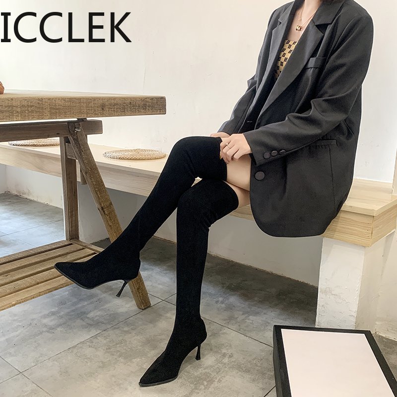 Bottes au dessus du genou en tissu extensible pour femme, chaussures longues, cuisses hautes, Sexy, hiver,