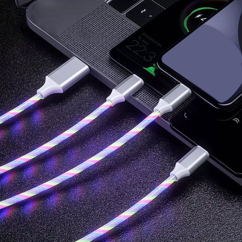 3 In 1 Glow Vloeiende Charger Cable Micro Usb Type C Kabel 1.2M Kleuren Led Licht Snelle Opladen Draad voor Iphone 12 Xiaomi 11 Redmi: Color