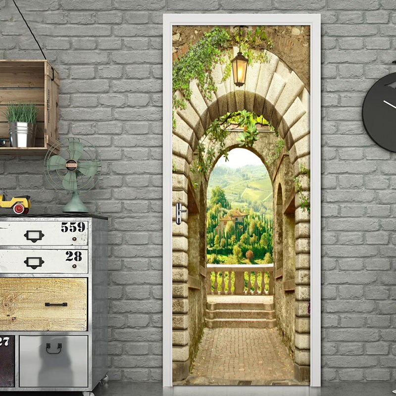 Mural adhesivo para puerta de 3d puertas con paisaje de ciudad y arco de piedra, autoadhesivo de pvc, impermeable, para sala de estar, 3d papeles pintados, calcomanías para puerta de casa, póster