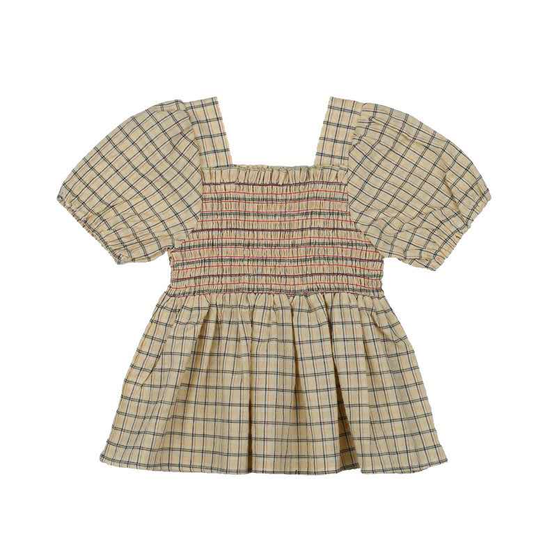 Piger plaid babyskjorter børnefirkantet krave pufærmer kortærmet koreansk sommerskjorte