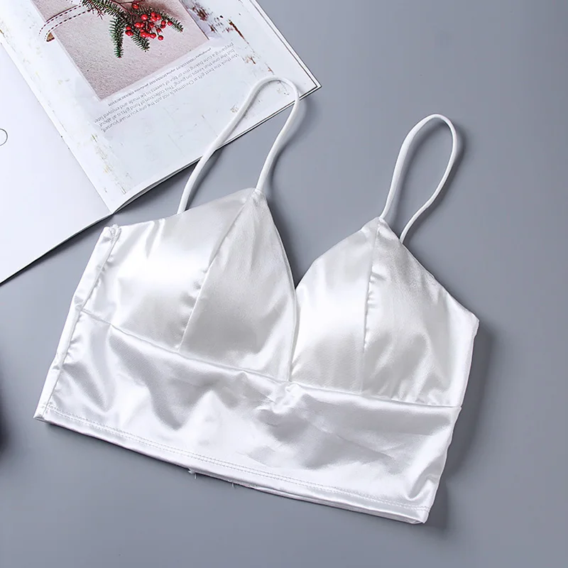 Sexy Satijnen Crop Tops Vrouwen Draadloze Bralette Gehaakte Top Vrouwelijke Spaghetti Band T-shirt Cropped Met Borst Padded Hemdje: white
