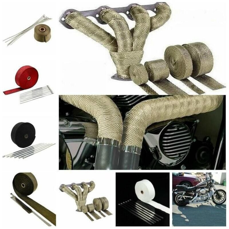 Rollo de cinta térmica de fibra de vidrio para escape de motocicleta, protector térmico para tubo de escape, protección térmica con bridas de acero inoxidable, 5M