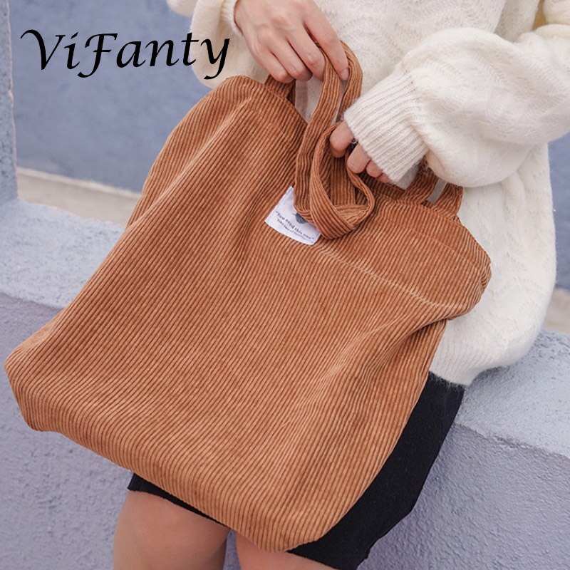 Meisjes Vrouwen Corduroy Boodschappentas Canvas Doek Schoudertas Milieu Opslag Handtas Herbruikbare Eco Grocery Totes Tas: Brown
