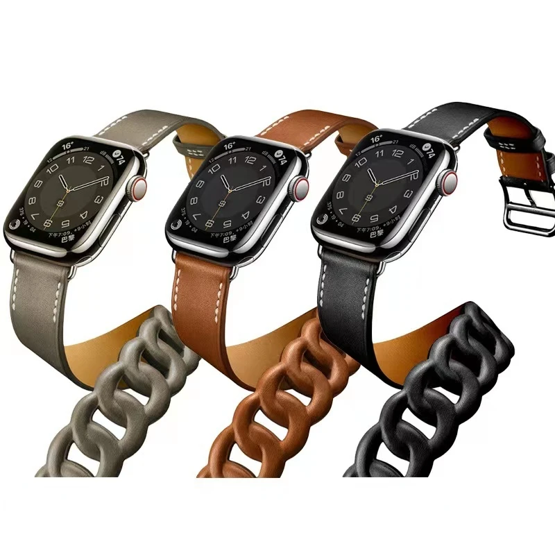 Nueva correa de cuero para Apple Watch 45mm 41mm pulsera de doble círculo serie iWatch 10 9 8 7 6 5 4 SE 44mm 42mm 40mm cinturón