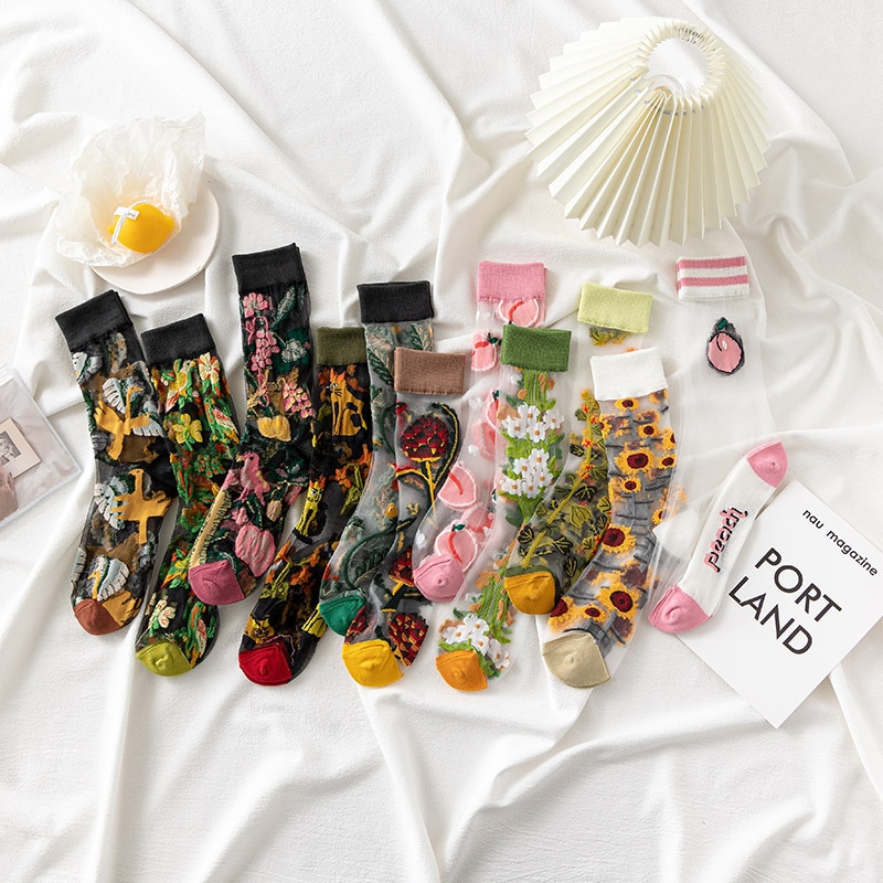 Calcetines divertidos de pájaro Floral de seda de cristal con Hipster francés para mujer, ropa de calle transparente, Calcetines divertidos artísticos de Jacquard Sokken