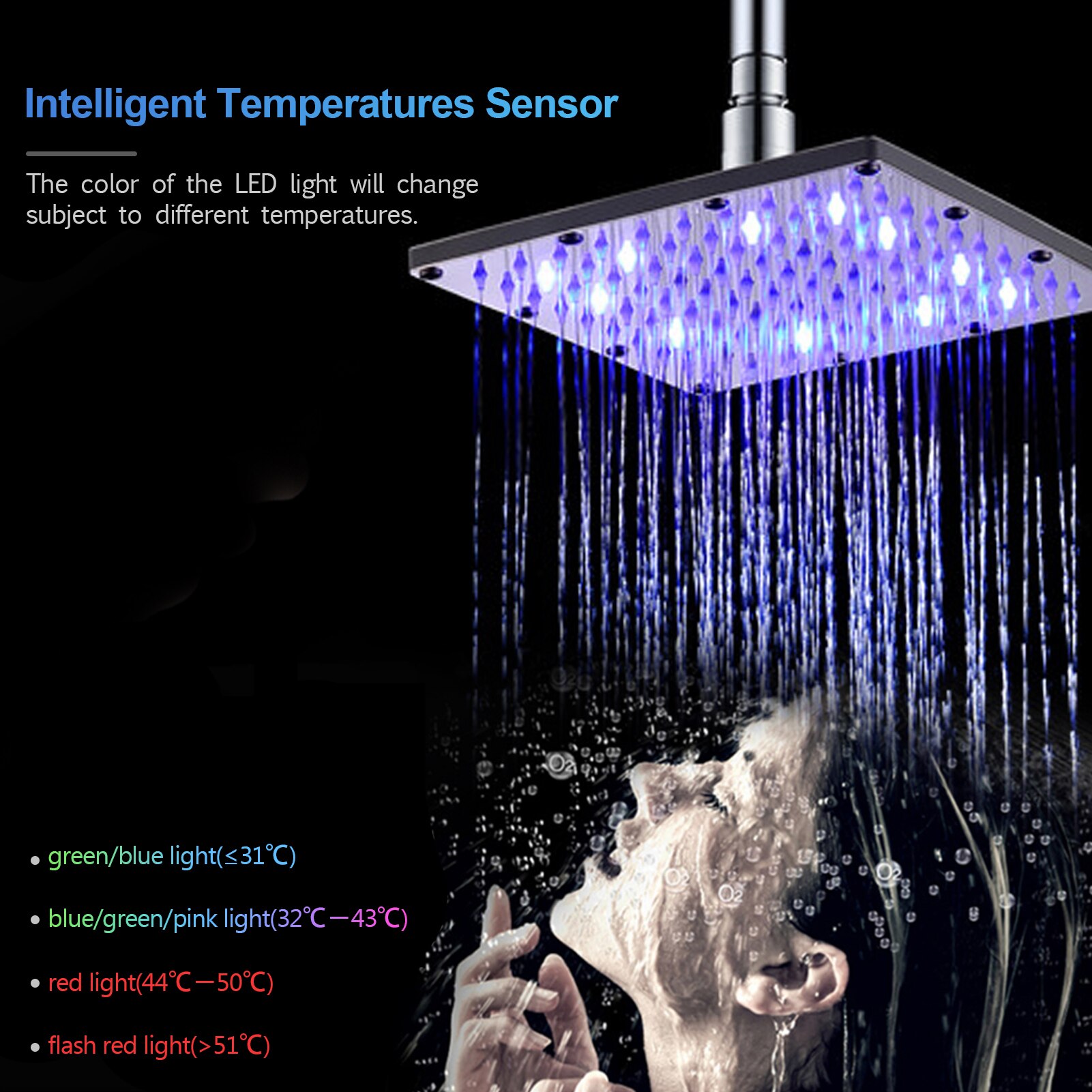 10 inch LED Rainfall Shower Head Square Shower Head Automatically Colorful Flashing Lights Showerhead for Bathroom
